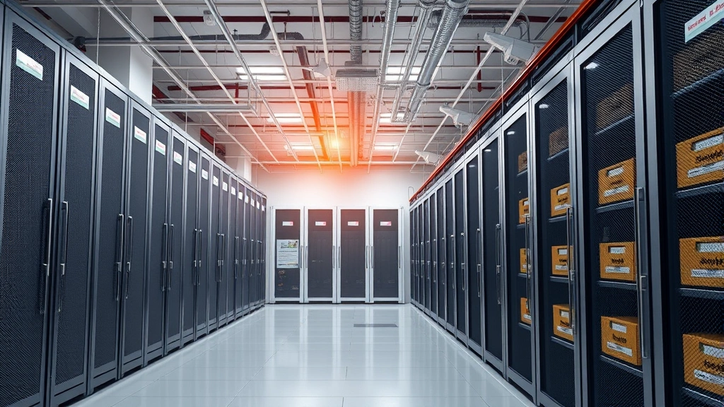 Data center with secure storage facility showing locked containers and monitoring systems, representing package integrity monitoring and secure storage environments with security cameras