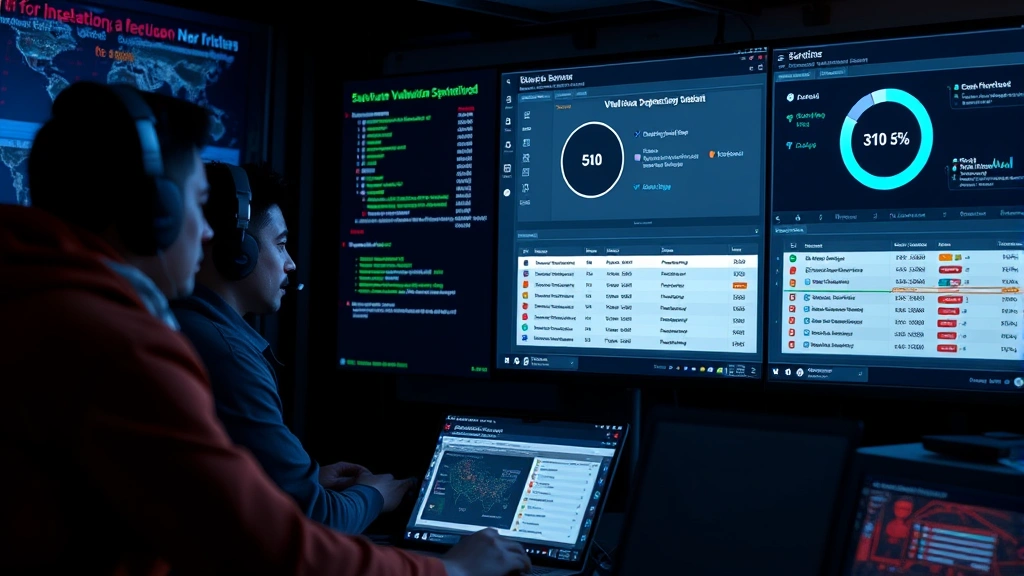 IT security team conducting vulnerability scanning of software dependencies with monitoring dashboards showing real-time threat detection and package verification status