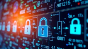 Close-up of advanced encryption algorithm visualization showing mathematical patterns and secure digital locks with blue and green security indicators in a dark professional setting