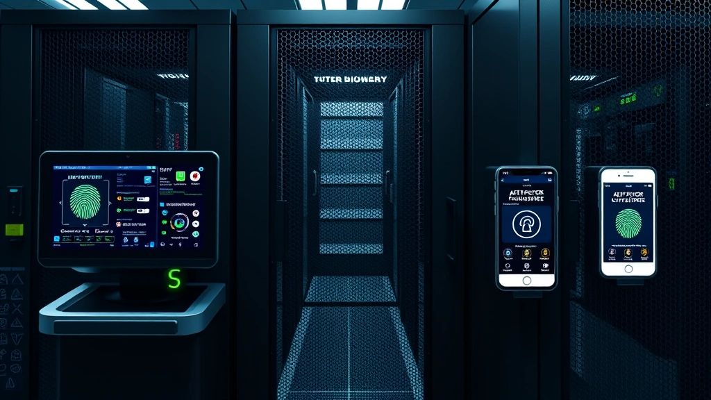 Secure data center with biometric access control systems and multi-factor authentication displays showing fingerprint and mobile verification interfaces in a professional cybersecurity environment