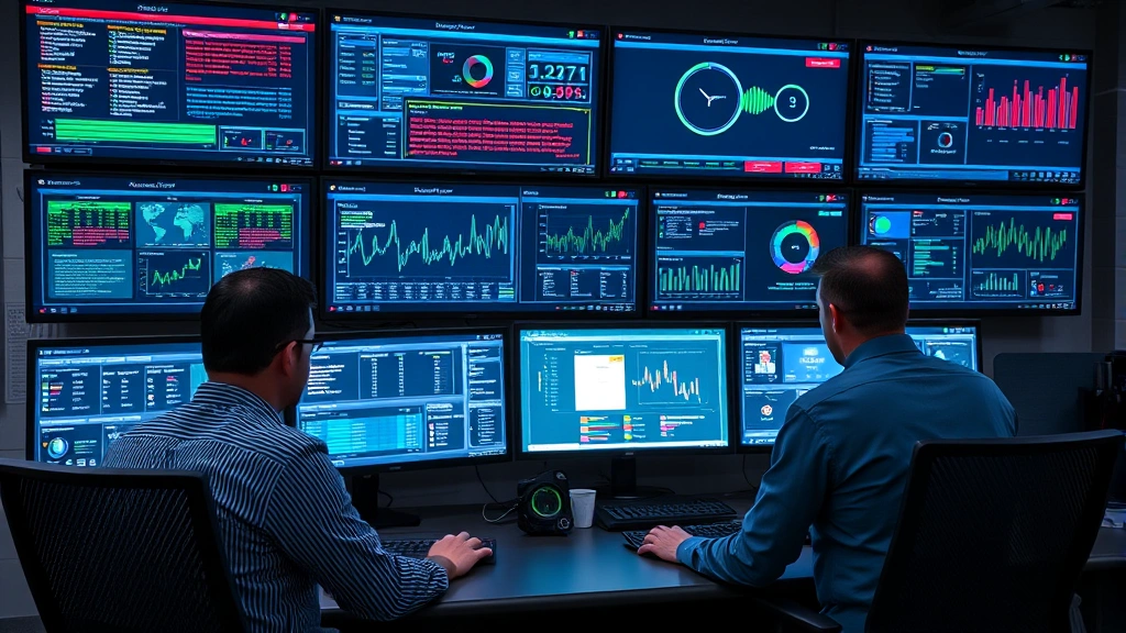 Professional security team monitoring multiple screens in a network operations center with real-time threat alerts, dashboard displays, and cybersecurity metrics in a modern corporate setting