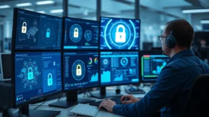 Professional cybersecurity analyst monitoring multiple digital security dashboards with glowing security lock icons and network connection visualization on screens in a modern tech office environment