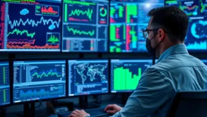 Professional cybersecurity analyst monitoring multiple screens displaying network traffic patterns and security dashboards in a modern security operations center, blue and green data visualizations