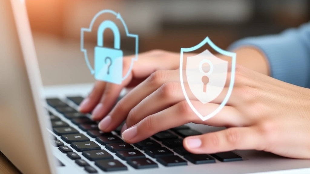 Close-up of hands typing on laptop keyboard with digital lock symbol and shield icon hovering above, representing data protection and secure access