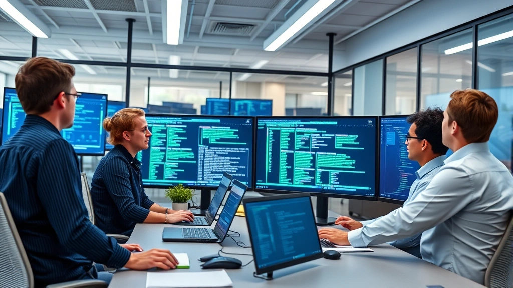 Diverse team of security professionals in office environment reviewing security protocols on large display screens, collaborative cybersecurity workspace