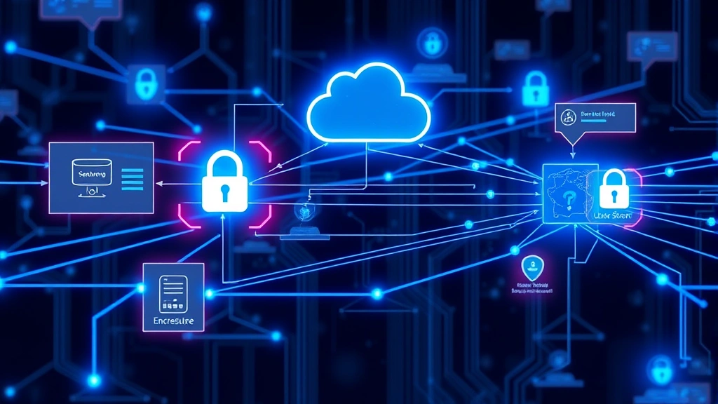 Network security infrastructure diagram visualization showing encrypted data flows, firewall protection, and secure authentication pathways with blue light trails connecting secure nodes
