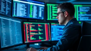 Professional cybersecurity analyst reviewing access logs on multiple monitors in a modern security operations center, focused intensity, blue and green data visualizations visible on screens, enterprise security environment