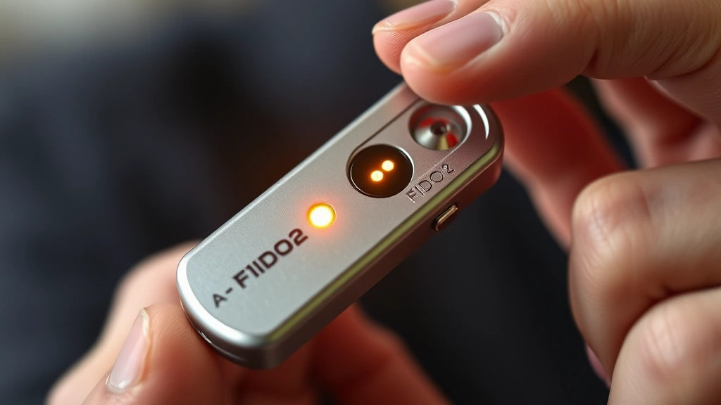 Person holding a security key FIDO2 hardware device with glowing indicator light, close-up detail shot showing modern authentication technology, professional lighting on metallic security device