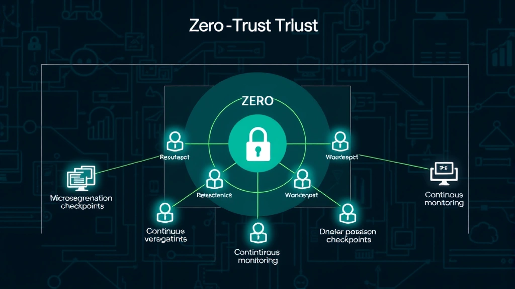 Network diagram visualization showing Zero Trust security architecture with microsegmentation boundaries, identity verification checkpoints, and continuous monitoring flows, abstract technical illustration style, cybersecurity concept art