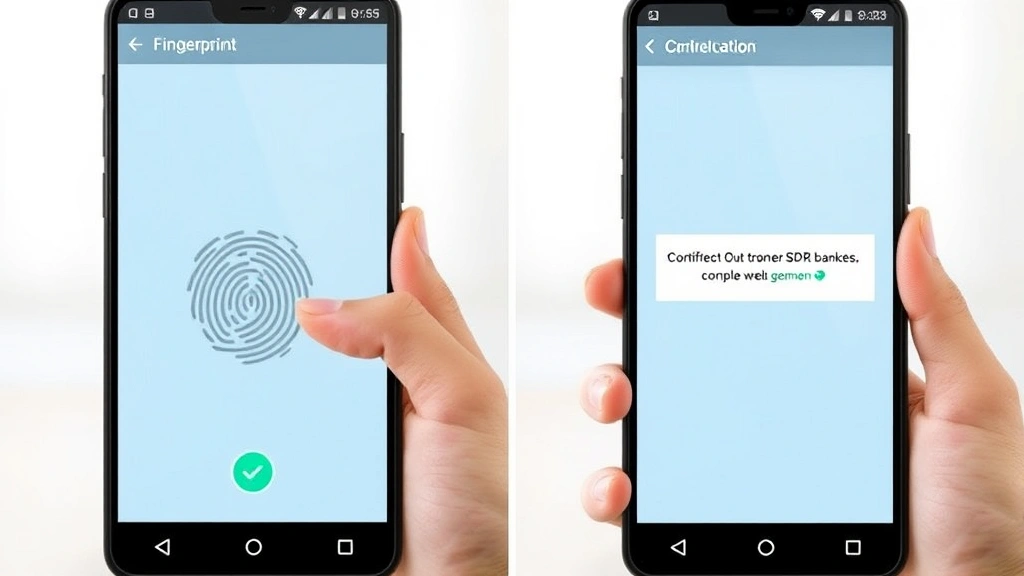 Split-screen comparison showing security authentication layers: left side displays biometric fingerprint scanner activation, right side shows confirmation dialog on mobile banking application