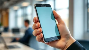 Close-up of a hand holding a Samsung smartphone with visible touchscreen interface and protective finger positioning, showing natural grip patterns in professional office environment with blurred background