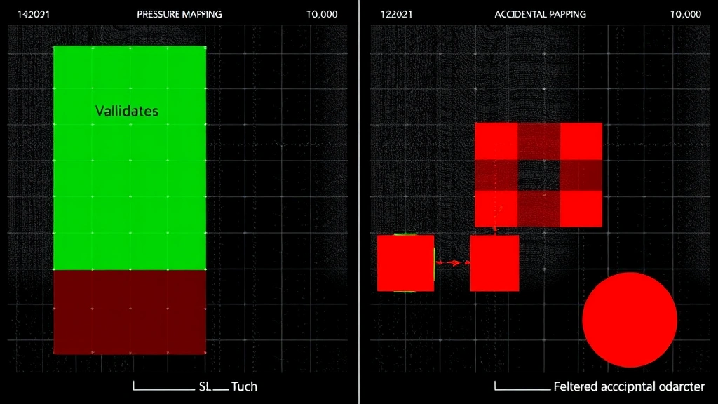 Split-screen visualization of touchscreen sensor data analysis showing pressure mapping and contact pattern recognition, with green zones indicating validated touches and red zones showing filtered accidental contact