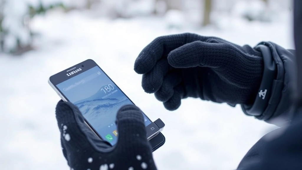 Person wearing winter gloves using a Samsung device outdoors in snowy environment, demonstrating glove mode functionality with clear visibility of the device screen and user interaction