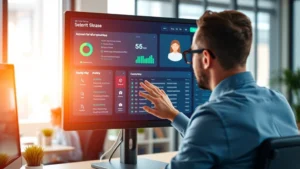 Professional cybersecurity analyst reviewing account security dashboard on modern monitor, showing login activity and security alerts in a well-lit office environment