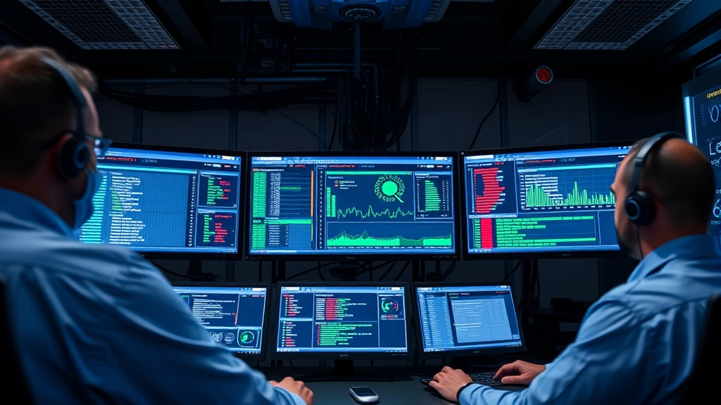 Network security operations center with security professionals monitoring threat detection systems, displaying real-time account protection and anomaly detection on multiple displays