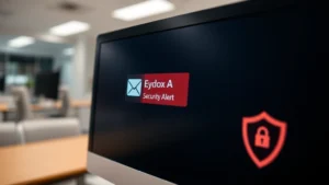 Close-up of computer monitor displaying email inbox with highlighted security alert message, professional office setting, showing envelope icon and security shield symbol, realistic digital interface