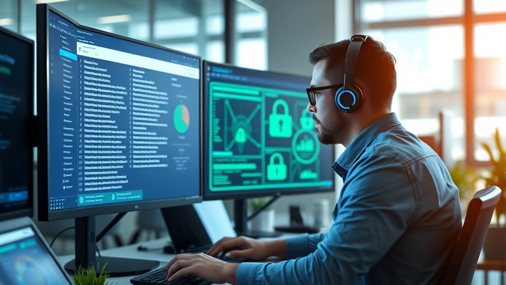 Cybersecurity professional analyzing email headers on multiple computer screens with network security visualization, data protection dashboard, blue and green security indicators, modern tech office environment