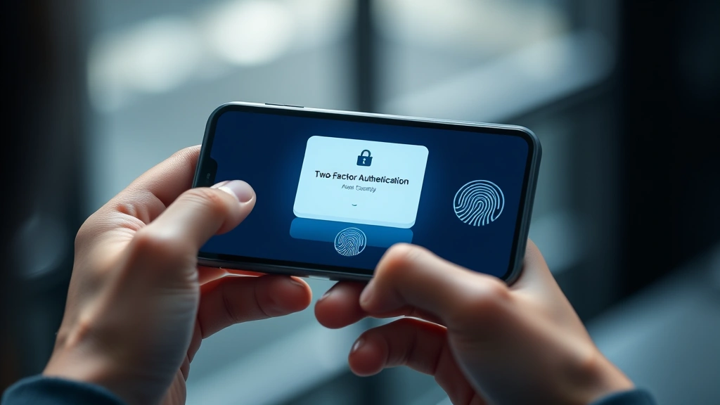 Person holding smartphone checking two-factor authentication prompt with security lock icon, biometric fingerprint authentication visible, modern minimalist design, protective cybersecurity concept