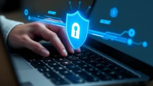 Close-up of hands typing on laptop keyboard with blue digital security shield icon appearing above the keys, representing account protection and secure authentication