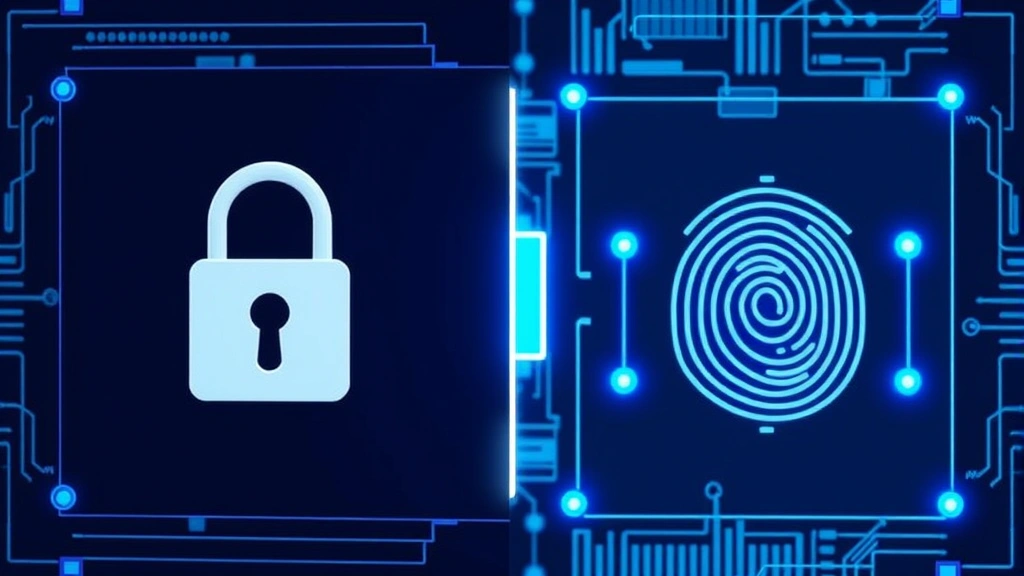 Split-screen showing locked padlock icon on left side and biometric fingerprint scan on right side with glowing blue security elements, symbolizing multi-factor authentication layers