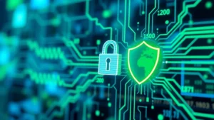 Digital lock and shield symbols protecting encrypted data streams flowing through a secure network infrastructure, cybersecurity concept with blue and green technology visualization