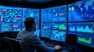 Professional cybersecurity analyst monitoring multiple digital security dashboards displaying network traffic patterns, threat alerts, and security metrics on large screens in a modern security operations center with blue and green data visualizations