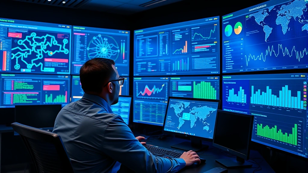 Professional cybersecurity analyst monitoring multiple digital security dashboards displaying network traffic patterns, threat alerts, and security metrics on large screens in a modern security operations center with blue and green data visualizations