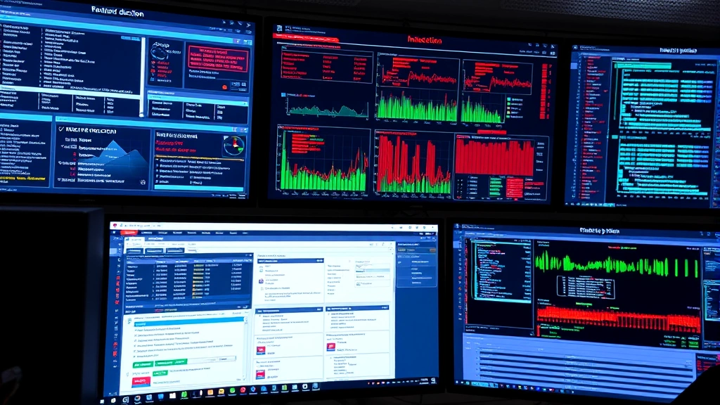 Network security operations center with multiple monitoring screens displaying real-time threat detection, firewall activity, and intrusion prevention systems in action