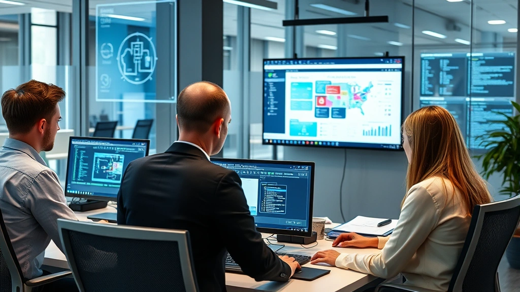 Professional cybersecurity team conducting incident response drill with network diagrams and security protocols displayed on workstations in modern corporate office setting