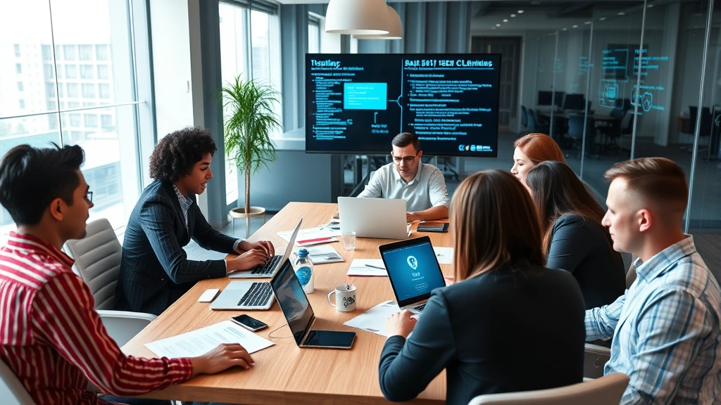 Team of diverse cybersecurity professionals collaborating around a conference table with laptops and security documents, demonstrating organizational security culture and incident response planning in a modern corporate office environment