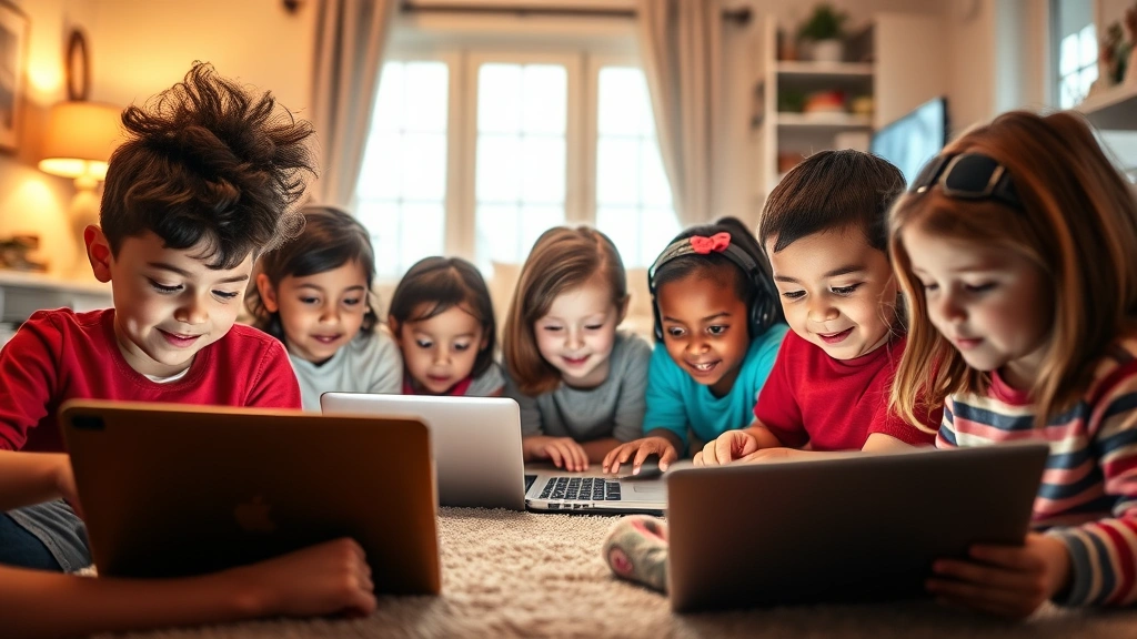 Diverse group of children safely using tablets and laptops in a bright, supervised home environment with warm lighting and focused expressions, showing secure digital learning
