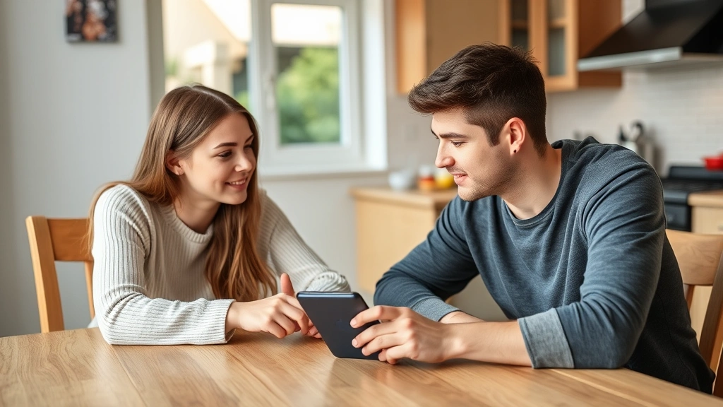 Parent and teenager having an open conversation at a kitchen table with a smartphone visible between them, demonstrating trust-based communication about online safety