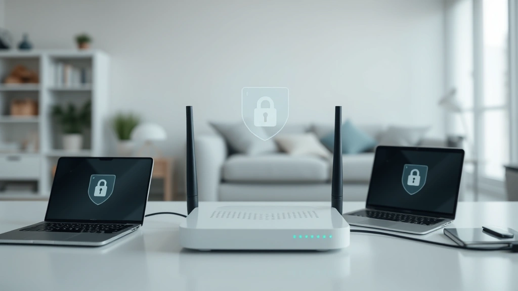 Modern home network setup showing router and connected devices with subtle security indicators, representing layered digital protection in a family environment
