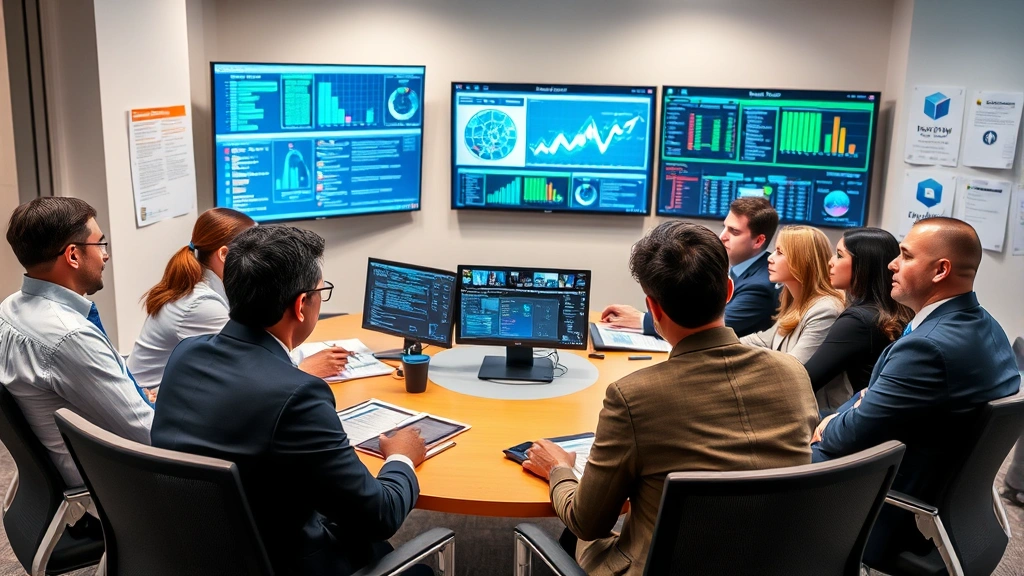 A diverse group of school administrators and IT professionals sitting around a conference table analyzing cybersecurity dashboards on large monitors, serious expressions focused on threat detection data, modern office setting with security posters on walls, professional business attire, no visible text or code on screens