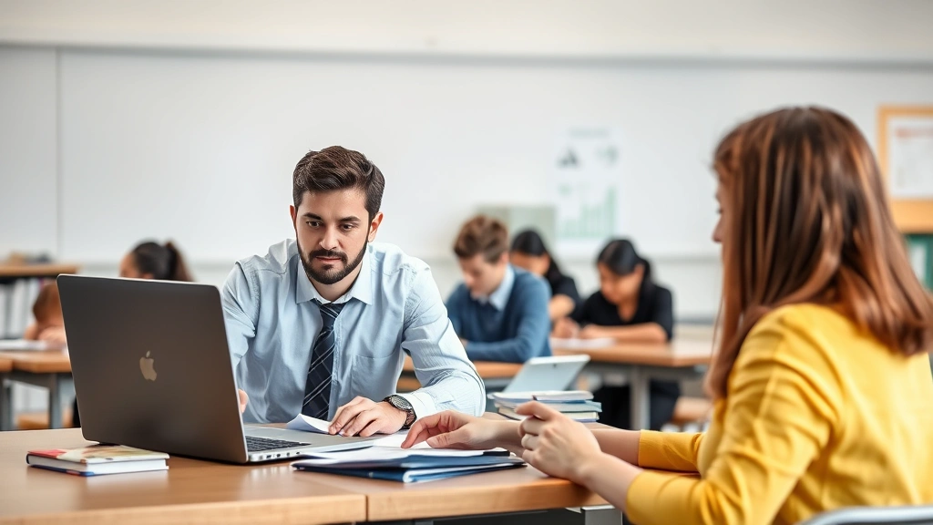 A teacher at a desk reviewing a security awareness training module on their laptop while students work independently in background classroom, focused expression, natural classroom lighting, books and educational materials visible, clean professional environment, no visible screen content or text