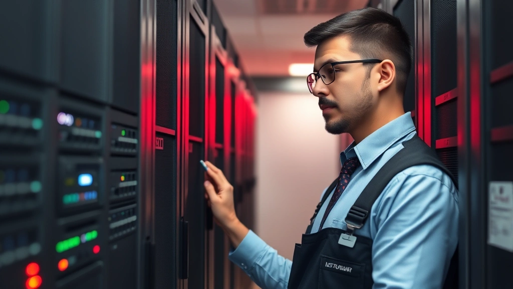 A school IT team member in a server room checking backup systems and network equipment with red emergency lighting visible, checking physical security measures and data storage, concentrated professional demeanor, organized technical infrastructure, no visible code or terminal windows