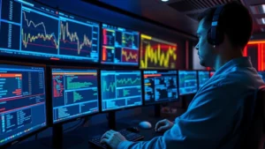 Cybersecurity analyst monitoring multiple digital screens displaying network traffic patterns and threat alerts in a modern security operations center with blue and amber lighting