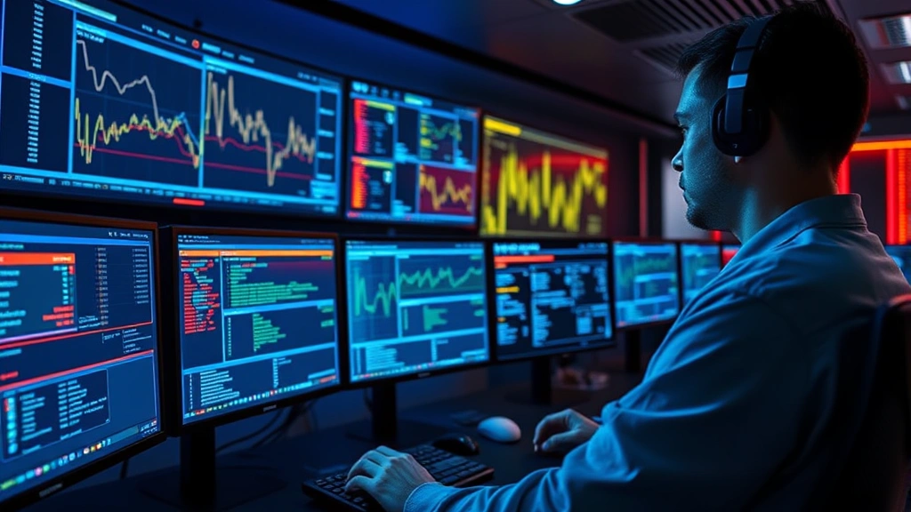 Cybersecurity analyst monitoring multiple digital screens displaying network traffic patterns and threat alerts in a modern security operations center with blue and amber lighting