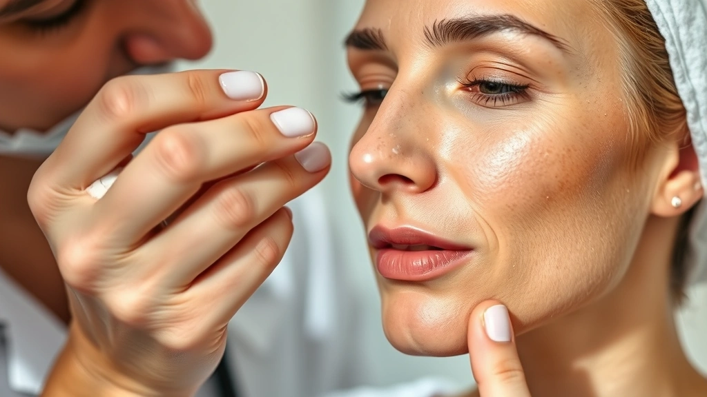 Close-up of dermatologist applying mineral sunscreen to patient's face, showing proper application technique with even coverage, natural lighting, professional medical setting