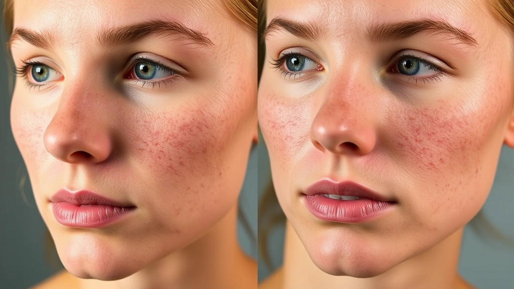Comparison split image showing healthy skin versus sun-damaged acne-prone skin with visible inflammation and hyperpigmentation under dermatological lighting