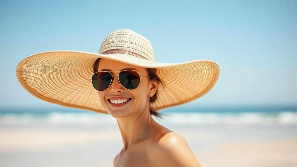 Woman wearing wide-brimmed hat and UV-protective clothing at beach with clear sky, demonstrating physical sun protection methods for acne management