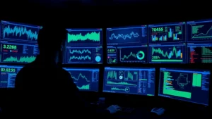 Cybersecurity analyst monitoring multiple dashboard screens in a dark operations center with blue and green data visualizations, network traffic patterns, and threat alerts displayed on monitors without any visible text or code