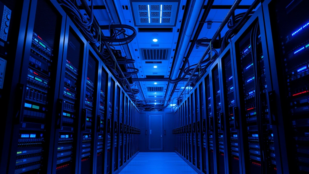 Enterprise data center with rows of servers and networking equipment, blue ambient lighting, cables organized and connected, secure physical infrastructure for critical systems without visible labels