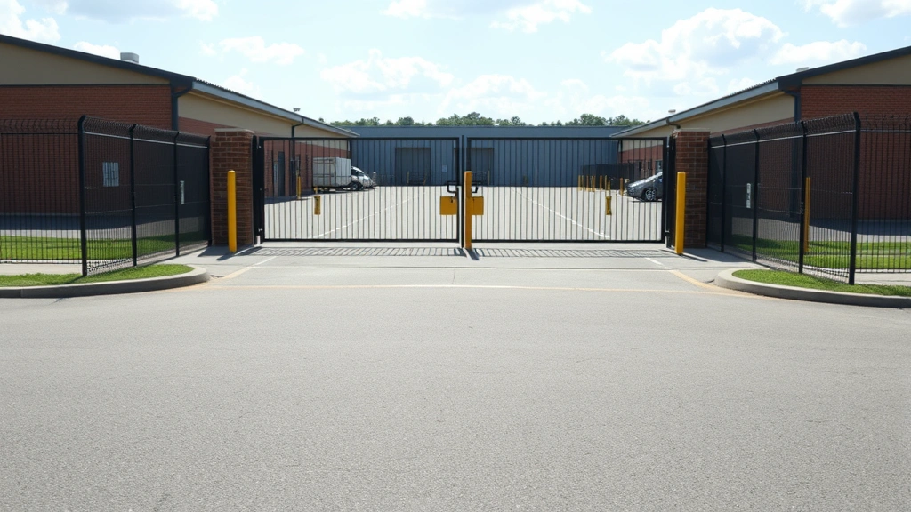Professional security fence around large property perimeter with gates and locks, daylight, wide angle establishing shot