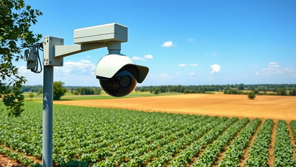 Modern CCTV camera mounted on pole overlooking agricultural acre with fields and trees in background, photorealistic