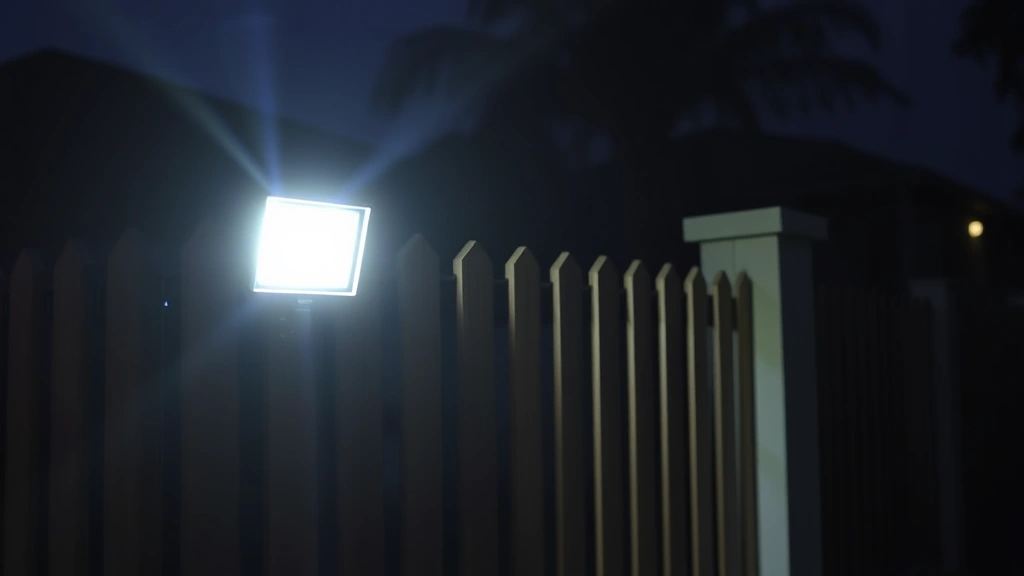 Motion-activated LED floodlight illuminating property boundary fence at night, creating bright security zone
