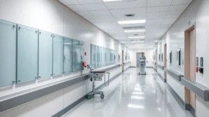 Modern hospital corridor with protective wall panels installed, showing clean professional healthcare environment with medical equipment moving past reinforced walls, bright clinical lighting, no visible text or code