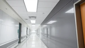 Modern hospital hallway with durable protective wall panels installed floor-to-ceiling, clean fluorescent lighting, medical facility aesthetic, showing impact-resistant material without any visible text or signage