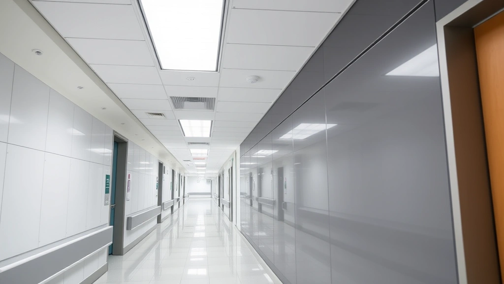 Modern hospital hallway with durable protective wall panels installed floor-to-ceiling, clean fluorescent lighting, medical facility aesthetic, showing impact-resistant material without any visible text or signage
