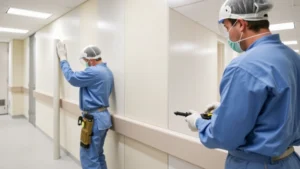 Professional installation crew applying Acrovyn protective panels to hospital corridor wall, showing careful alignment and surface preparation with tools and protective gear